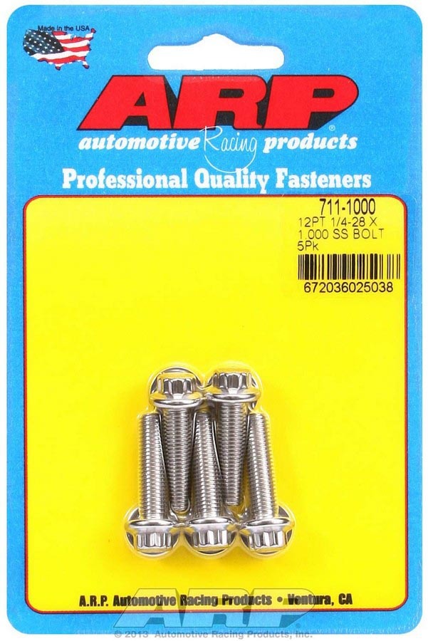 Bolt - 1/4-28 in Thread - 1 in Long - 5/16 in 12 Point Head - Stainless - Polished - Universal - Set of 5