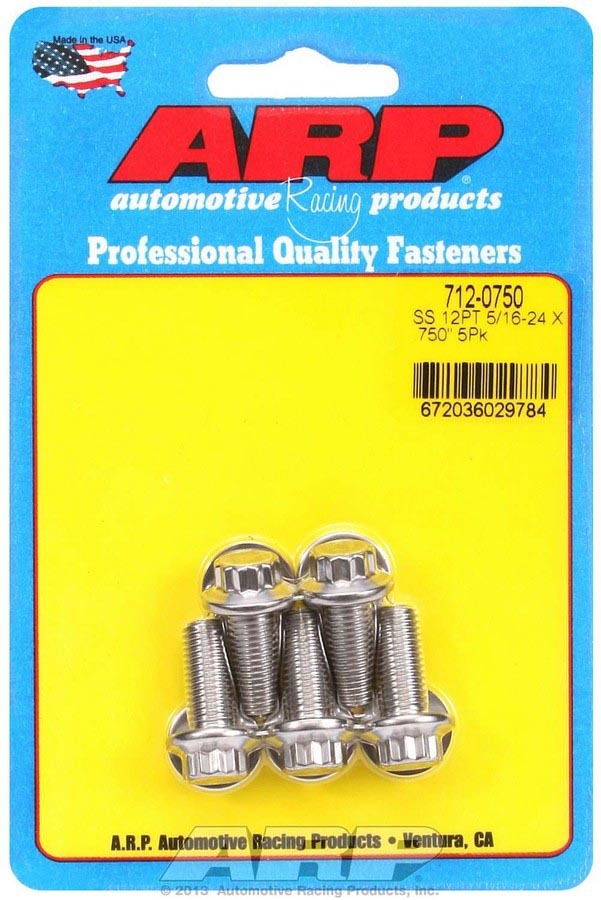 Bolt - 5/16-24 in Thread - 0.75 in Long - 3/8 in 12 Point Head - Stainless - Polished - Universal - Set of 5