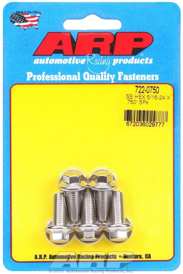 Bolt - 5/16-24 in Thread - 0.75 in Long - 3/8 in Hex Head - Stainless - Polished - Universal - Set of 5