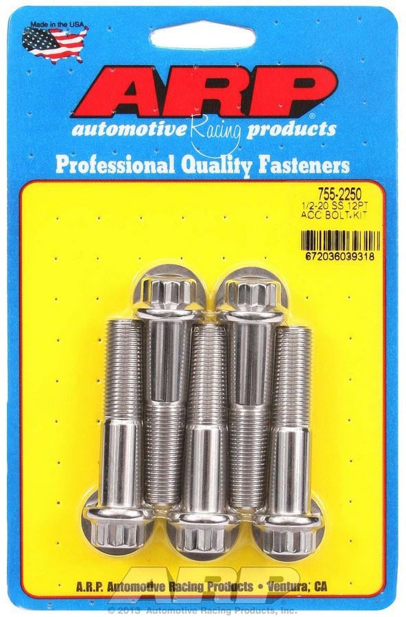 Bolt - 1/2-20 in Thread - 2.25 in Long - 9/16 in 12 Point Head - Stainless - Polished - Universal - Set of 5