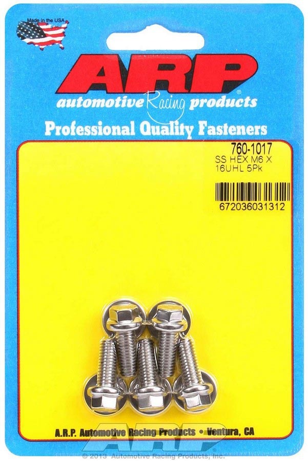 Bolt - 6 mm x 1.00 Thread - 16 mm Long - 8 mm Hex Head - Stainless - Polished - Universal - Set of 5