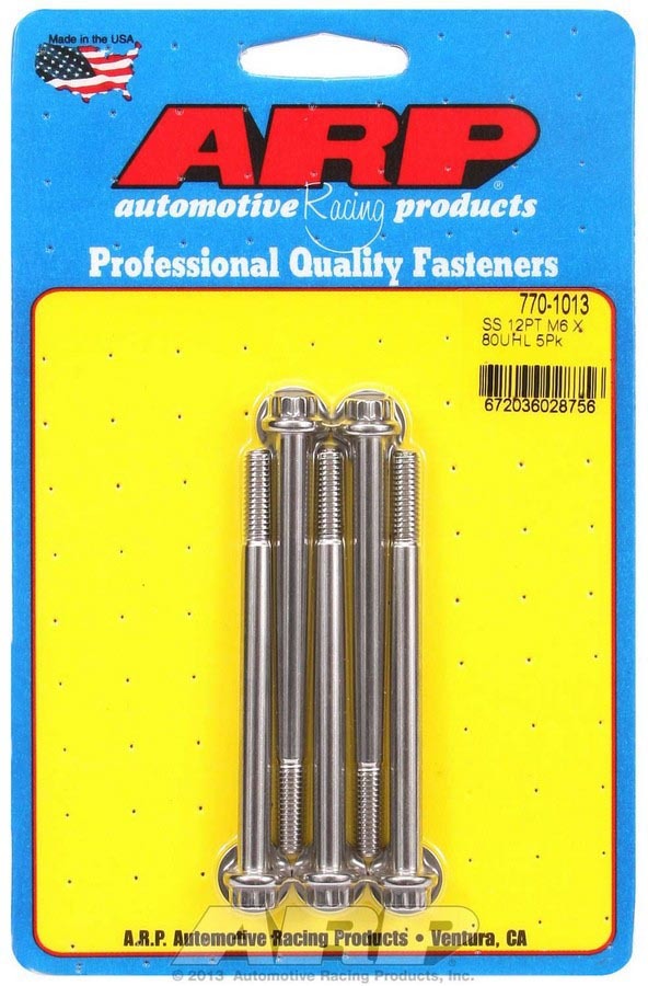 Bolt - 6 mm x 1.00 Thread - 80 mm Long - 8 mm 12 Point Head - Stainless - Polished - Universal - Set of 5