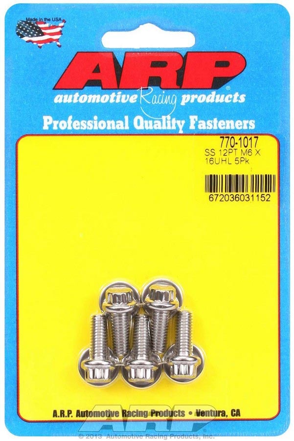 Bolt - 6 mm x 1.00 Thread - 16 mm Long - 8 mm 12 Point Head - Stainless - Polished - Universal - Set of 5