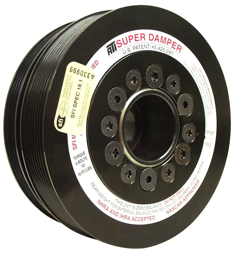 Harmonic Balancer - Serpentine Super Damper - 7.425 in OD - SFI 18.1 - Steel - Black Oxide - Internal Balance - Small Block Chevy - Each