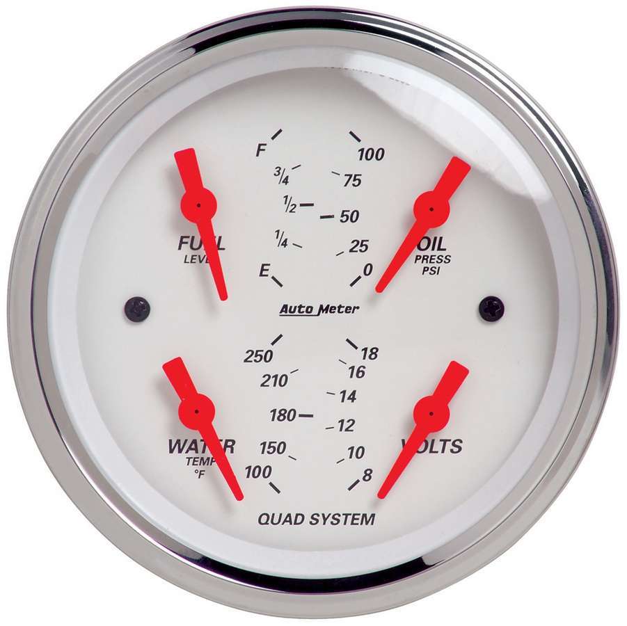 Combination Gauge - Arctic White - Quad - Analog - Fuel Level / Oil Pressure / Voltmeter / Water Temperature - 3-3/8 in Diameter - White Face - Each
