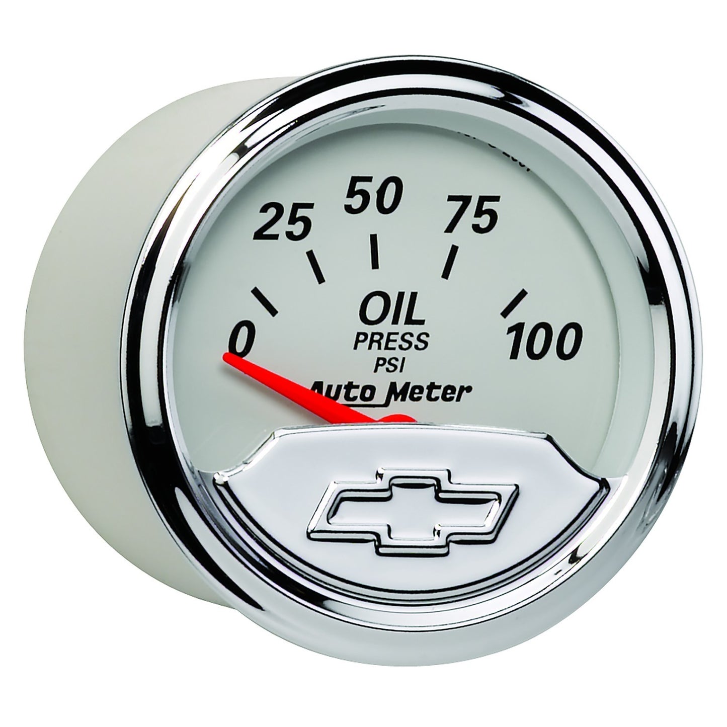 Oil Pressure Gauge - Chevrolet Heritage - 0-100 psi - Electric - Analog - Short Sweep - 2-1/16 in Diameter - Chrome Chevy Bowtie Logo - White Face - Each