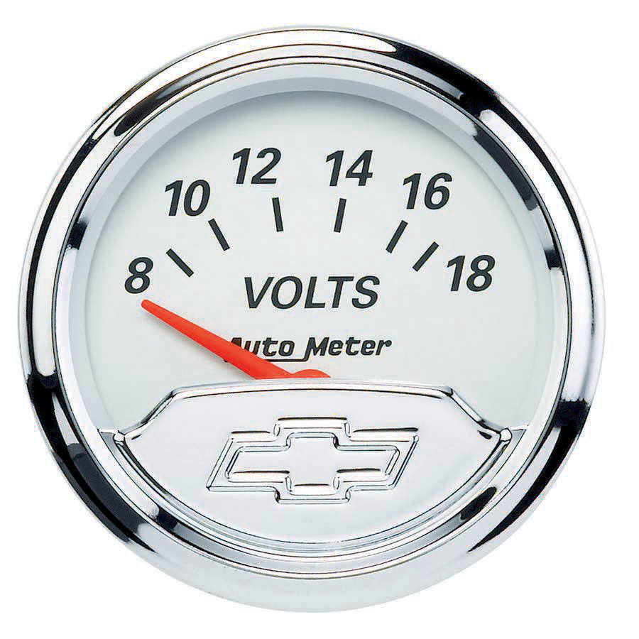 Voltmeter - Chevrolet Heritage Bowtie - 8-18V - Electric - Analog - Short Sweep - 2-1/16 in Diameter - Chrome Bowtie Logo - White Face - Each