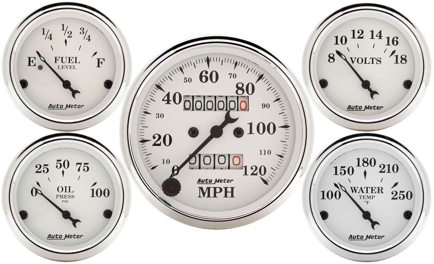 Gauge Kit - Old Tyme White - Analog - Fuel Level / Oil Pressure / Speedometer / Voltmeter / Water Temperature - 3-3/8 in / 2-1/16 in Diameter - White Face - Kit