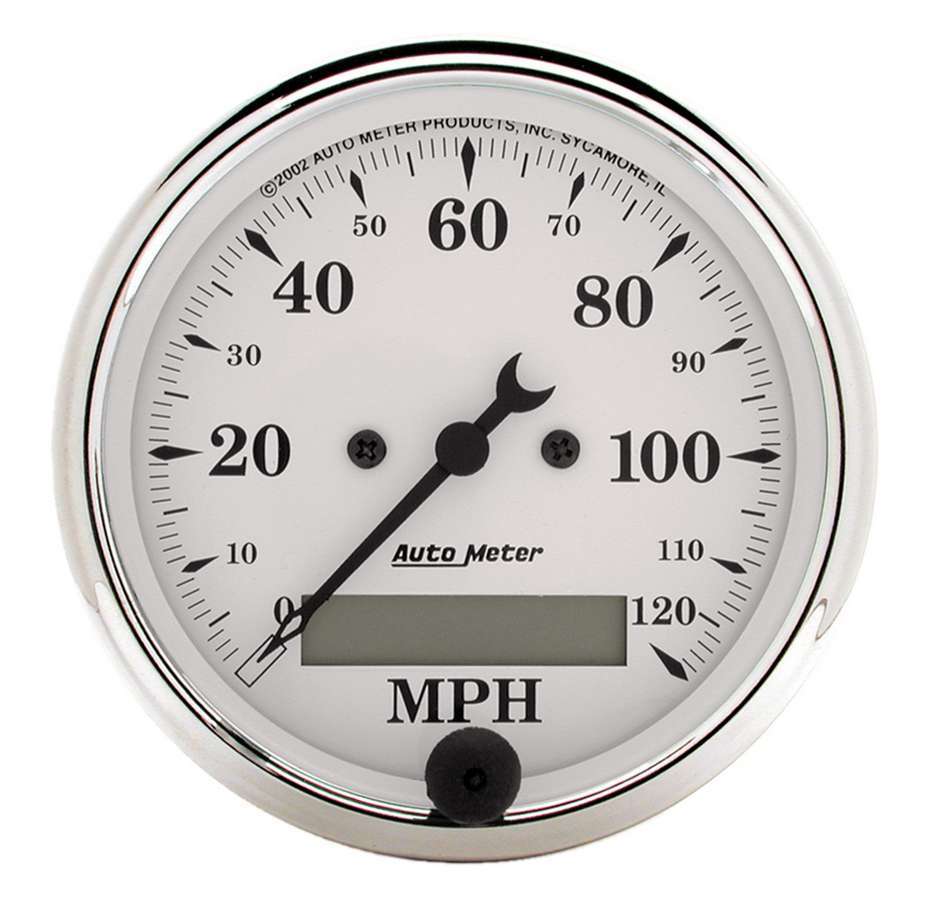 Speedometer - Old Tyme White - 120 MPH - Electric - Analog - 3-1/8 in Diameter - Programmable - White Face - Each