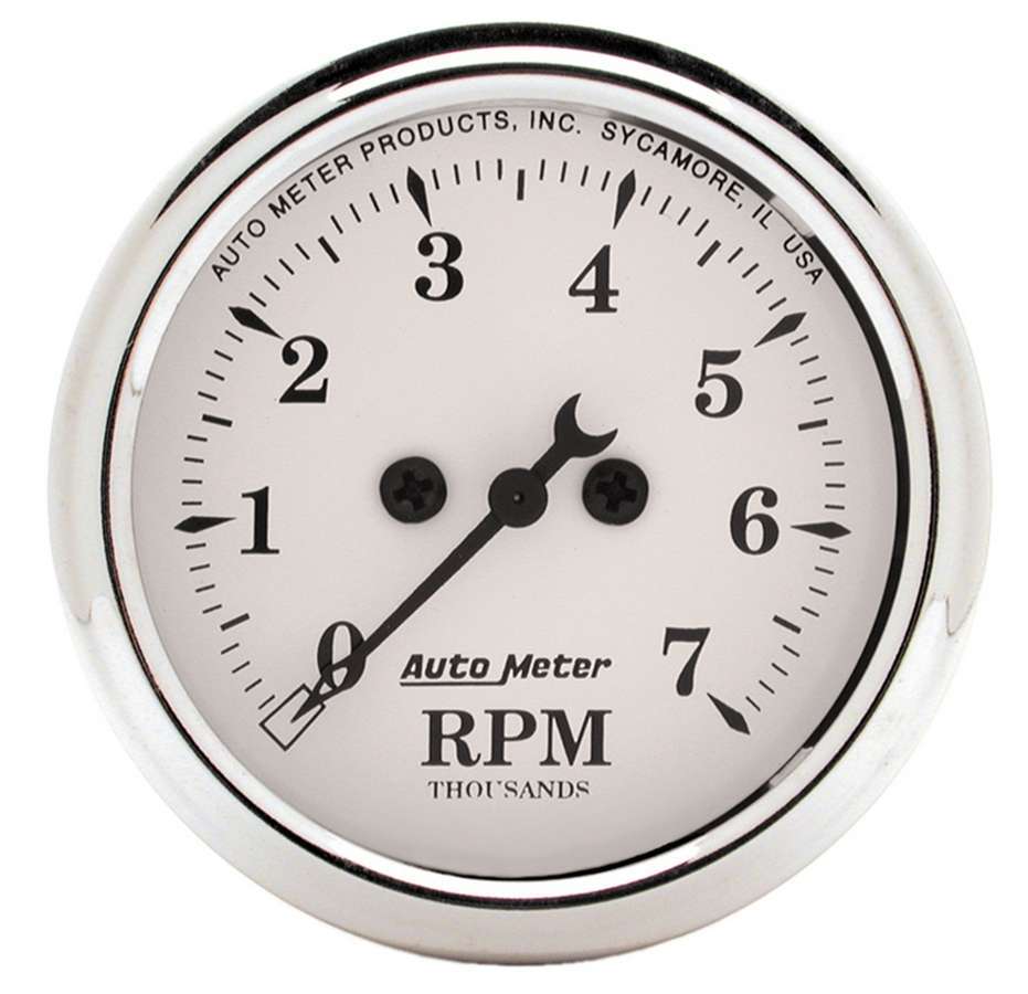 Tachometer - Old Tyme White - 7000 RPM - Electric - Analog - 2-1/16 in Diameter - Dash Mount - White Face - Each