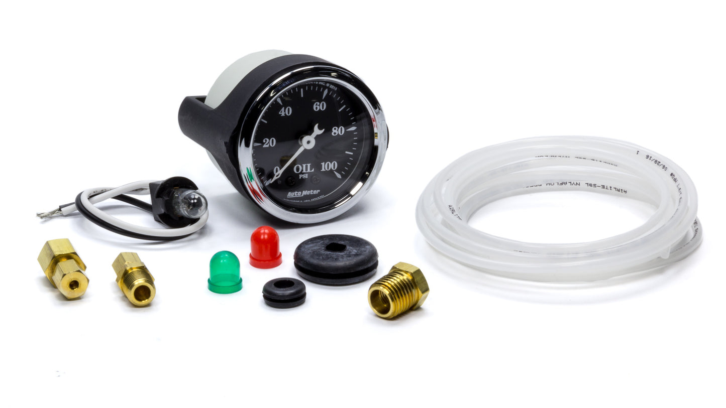 Oil Pressure Gauge - 0-100 psi - Mechanical - Analog - Full Sweep - 2-1/16 in Diameter - 1/8 in NPT Port - Old Tyme Black Face - Each