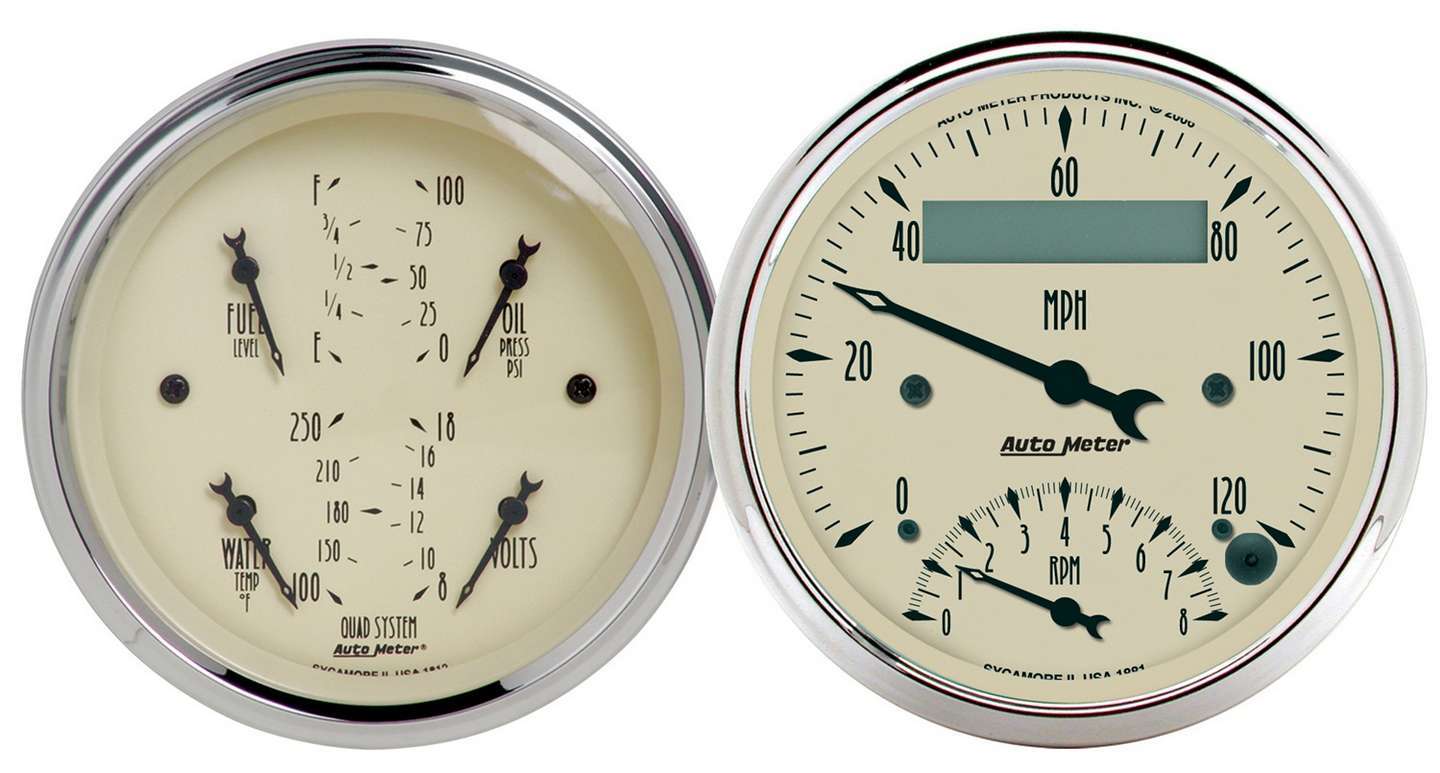Combination Gauge Kit - Antique Beige - Analog - Fuel Level / Oil Pressure / Speedometer / Tachometer / Voltmeter / Water Temperature - 3-3/8 in Diameter - Beige Face - Kit
