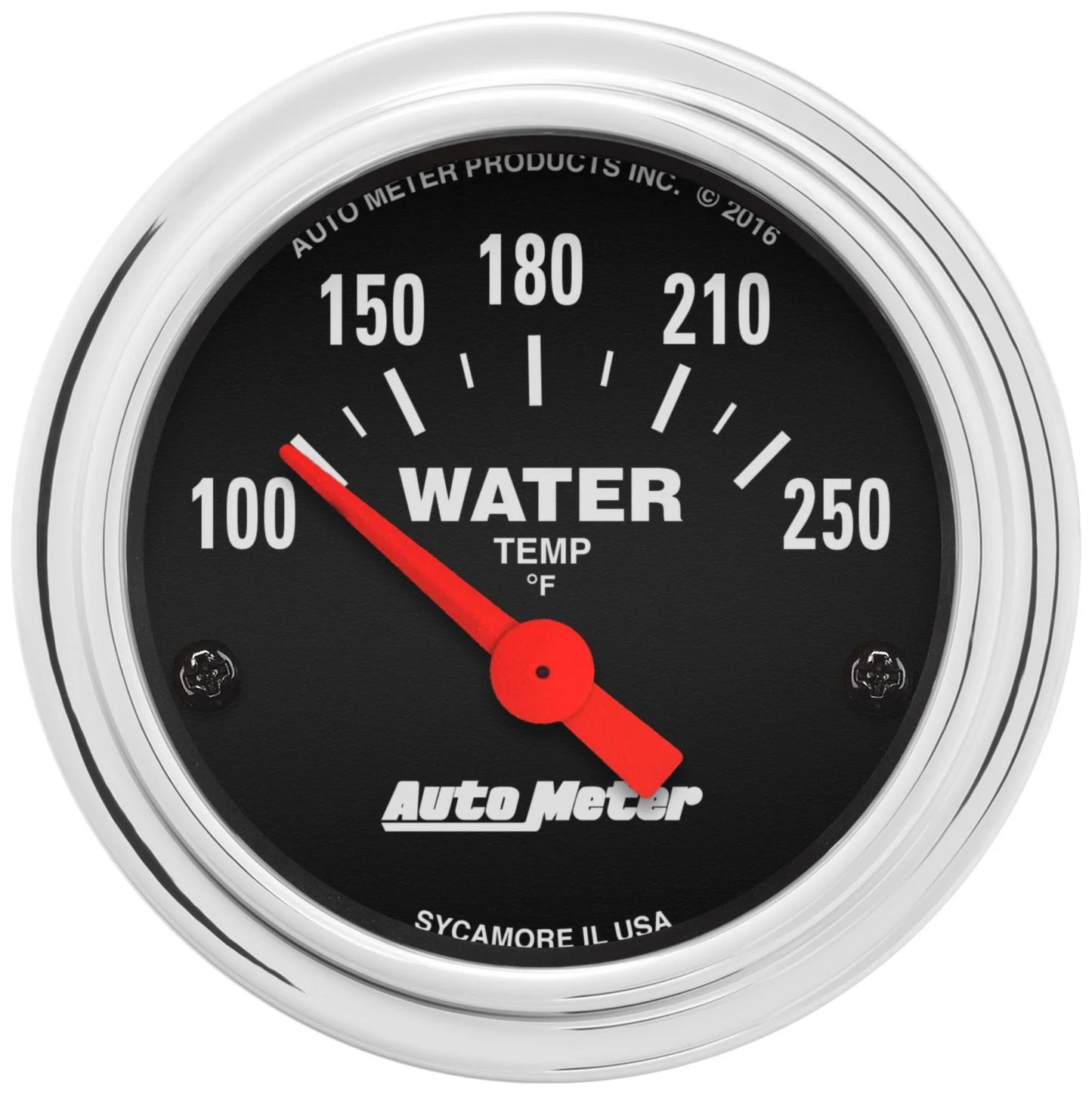 Water Temperature Gauge - Traditional Chrome - 100-250 Degree F - Electric - Analog - Short Sweep - 2-1/16 in Diameter - Black Face - Each