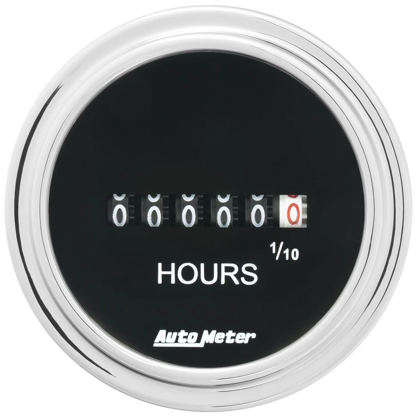 Hour Meter - Traditional Chrome - 0-99999 hrs - Electric - Analog - 2-1/16 in Diameter - Black Face - Each