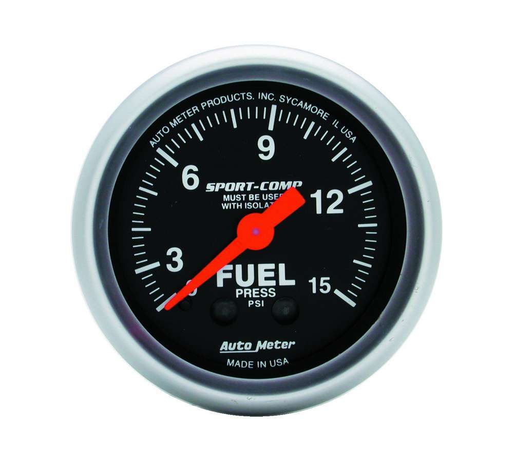 Fuel Pressure Gauge - Sport-Comp - 0-15 psi - Mechanical - Analog - Full Sweep - 2-1/16 in Diameter - Black Face - Each