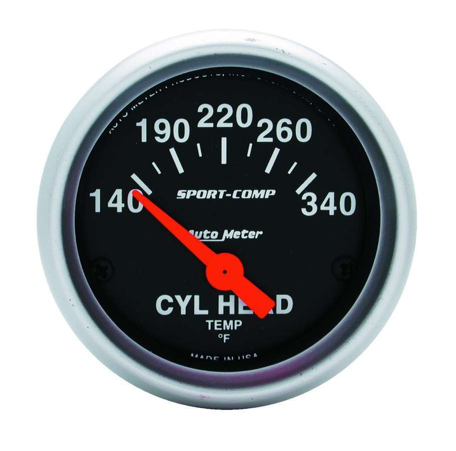 Cylinder Head Temperature Gauge - Sport-Comp - 140-340 Degree F - Electric - Analog - Short Sweep - 2-1/16 in Diameter - Black Face - Each