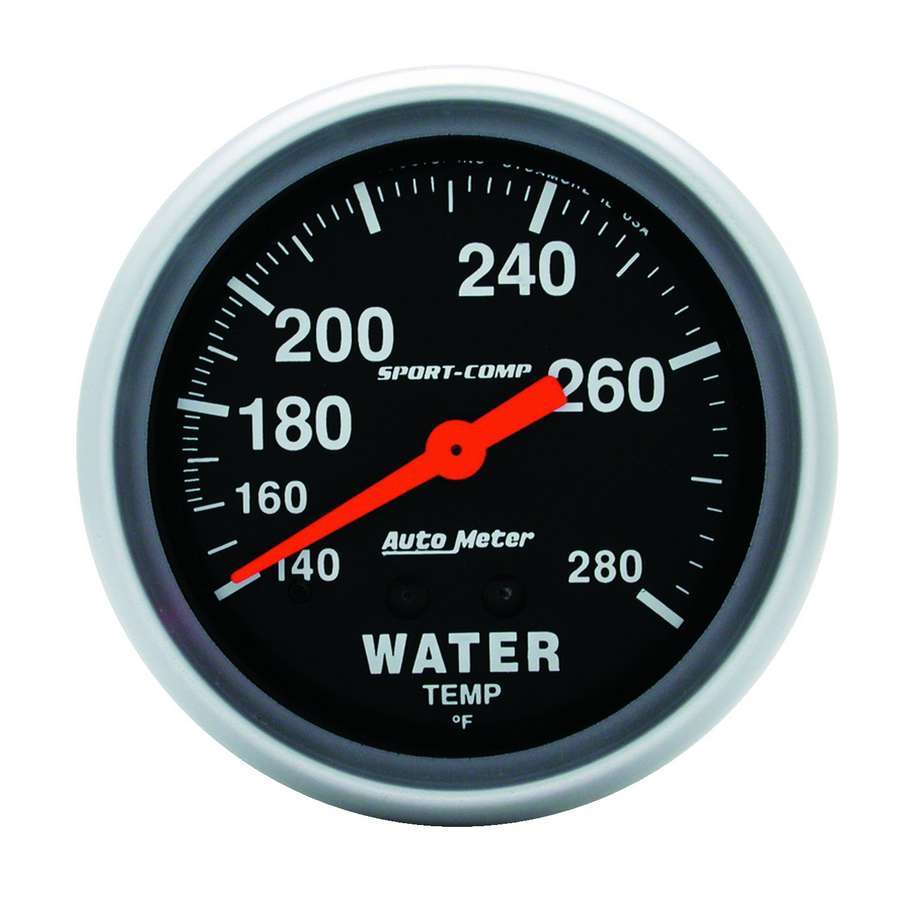 Water Temperature Gauge - Sport-Comp - 140-280 Degree F - Mechanical - Analog - Full Sweep - 2-5/8 in Diameter - Black Face - Each