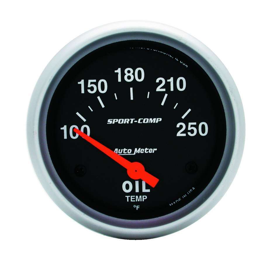 Oil Temperature Gauge - Sport Comp - 100-250 Degree F - Electric - Analog - Short Sweep - 2-5/8 in Diameter - Black Face - Each