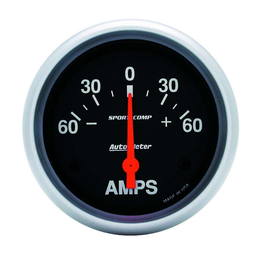 Ammeter - Sport-Comp - 60-0-60 amps - Electric - Analog - Short Sweep - 2-1/16 in Diameter - Black Face - Each
