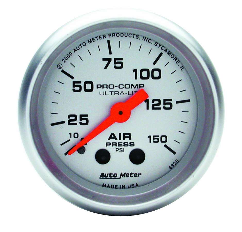 Air Pressure Gauge - Ultra-Lite - 0-150 psi - Mechanical - Analog - 2-1/16 in Diameter - Silver Face - Each