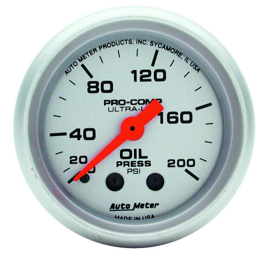 Oil Pressure Gauge - Ultra-Lite - 0-200 psi - Mechanical - Analog - Full Sweep - 2-1/16 in Diameter - Silver Face - Each