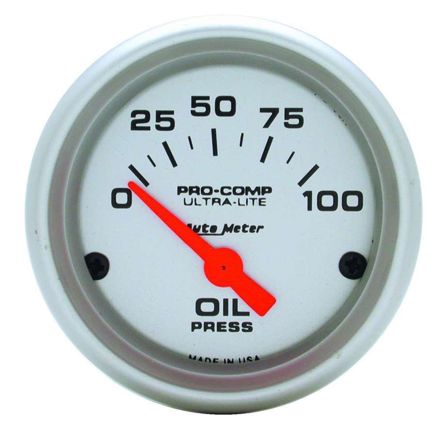 Oil Pressure Gauge - Ultra-Lite - 0-100 psi - Electric - Analog - Short Sweep - 2-1/16 in Diameter - Silver Face - Each