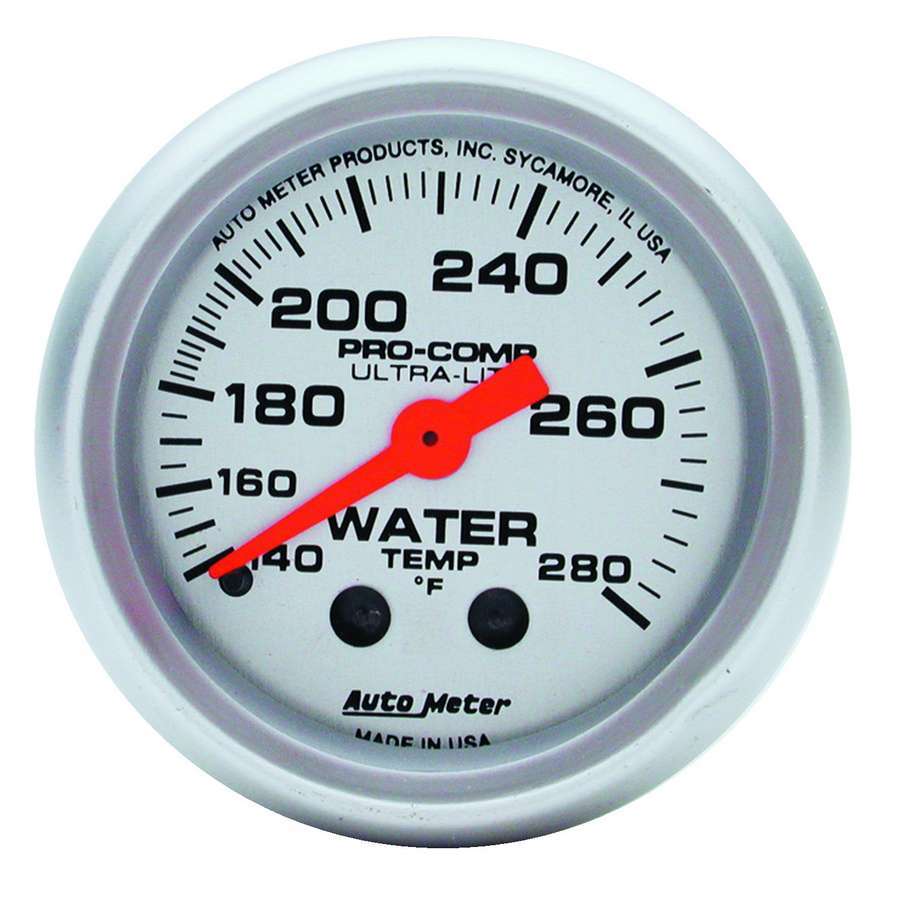 Water Temperature Gauge - Ultra-Lite - 140-280 Degree F - Mechanical - Analog - Full Sweep - 2-1/16 in Diameter - Silver Face - Each