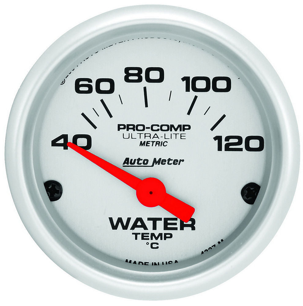 Water Temperature Gauge - Ultra-Lite - 40-120 Degree C - Electric - Analog - Short Sweep - 2-1/16 in Diameter - Silver Face - Each