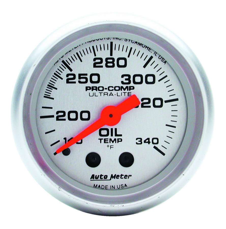 Oil Temperature Gauge - Ultra-Lite - 140-340 Degree F - Mechanical - Analog - Full Sweep - 2-1/16 in Diameter - Silver Face - Each