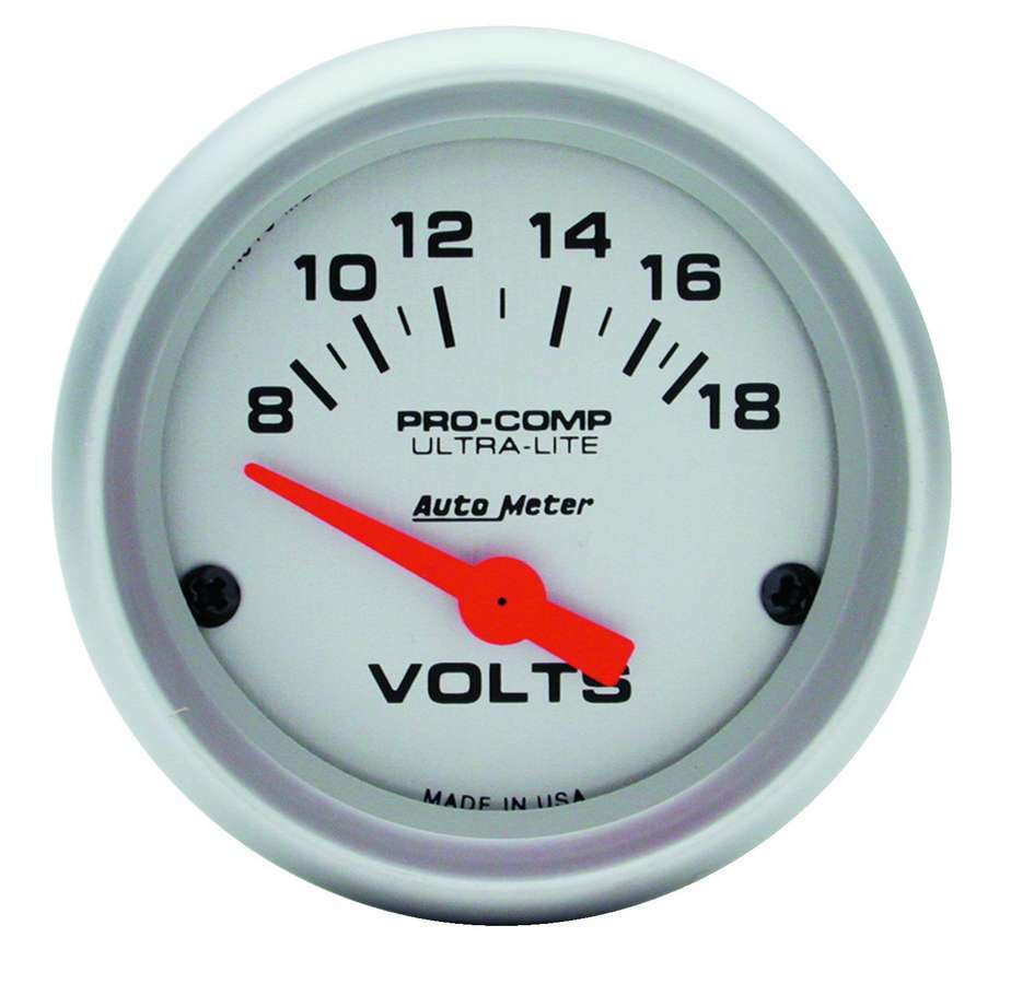 Voltmeter - Ultra-Lite - 8-18V - Electric - Analog - Short Sweep - 2-1/16 in Diameter - Silver Face - Each