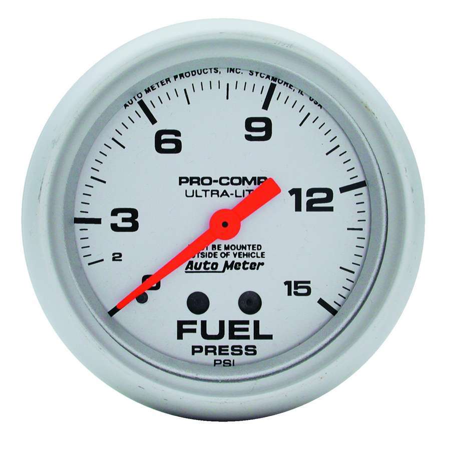 Fuel Pressure Gauge - Ultra-Lite - 0-15 psi - Mechanical - Analog - Full Sweep - 2-5/8 in Diameter - Silver Face - Each