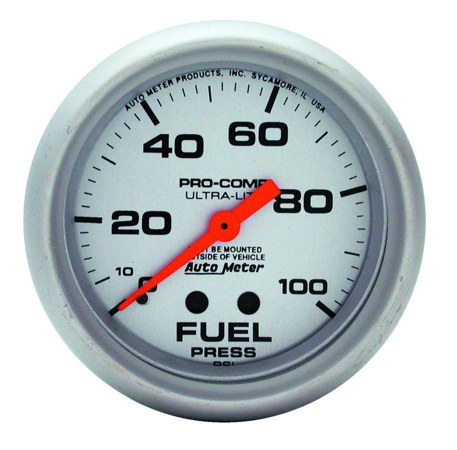 Fuel Pressure Gauge - Ultra-Lite - 0-100 psi - Mechanical - Analog - Full Sweep - 2-5/8 in Diameter - Silver Face - Each