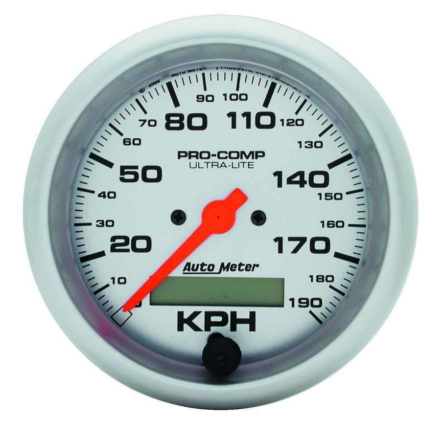 Speedometer - Ultra-Lite - 190 KPH - Electric - Analog - 3-3/8 in Diameter - Programmable - Silver Face - Each