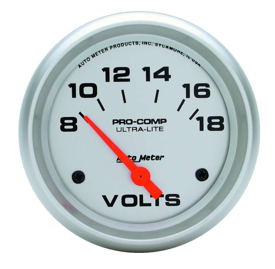 Voltmeter - Ultra-Lite - 8-18V - Electric - Analog - Short Sweep - 2-5/8 in Diameter - Silver Face - Each