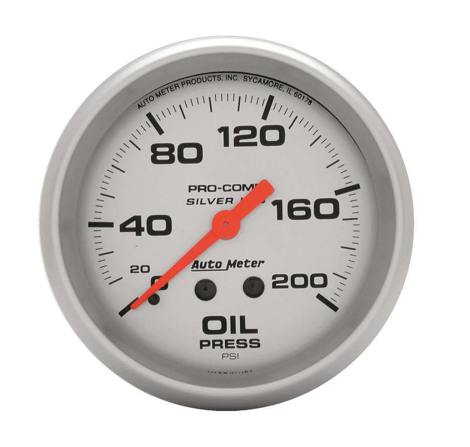 Oil Pressure Gauge - Ultra-Lite - 0-200 psi - Mechanical - Analog - Full Sweep - 2-5/8 in Diameter - Liquid Filled - Silver Face - Each