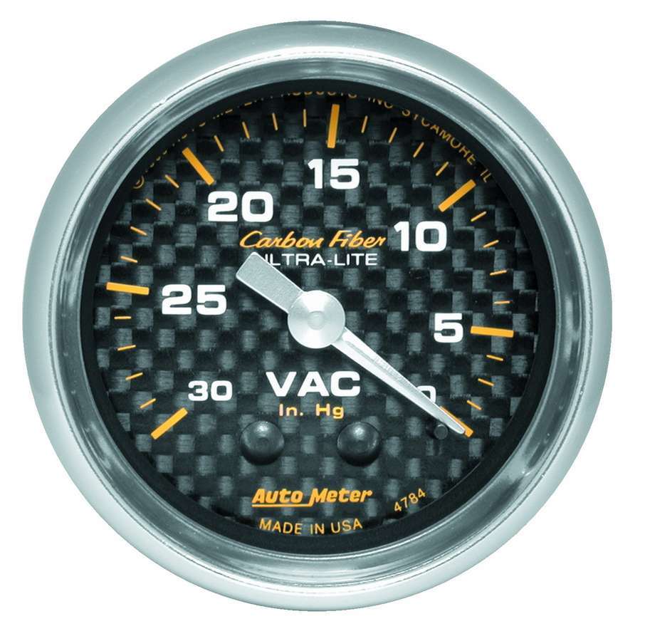 Vacuum Gauge - Carbon Fiber - 0-30 in HG - Mechanical - Analog - 2-1/16 in Diameter - Carbon Fiber Look Face - Each