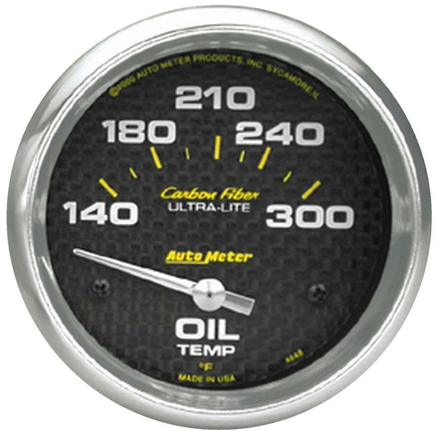 Oil Temperature Gauge - Carbon Fiber - 140-300 Degree F - Electric - Analog - Short Sweep - 2-5/8 in Diameter - Carbon Fiber Look Face - Each