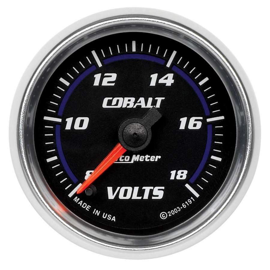 Voltmeter - Cobalt - 8-18V - Electric - Analog - Full Sweep - 2-1/16 in Diameter - Black Face - Each