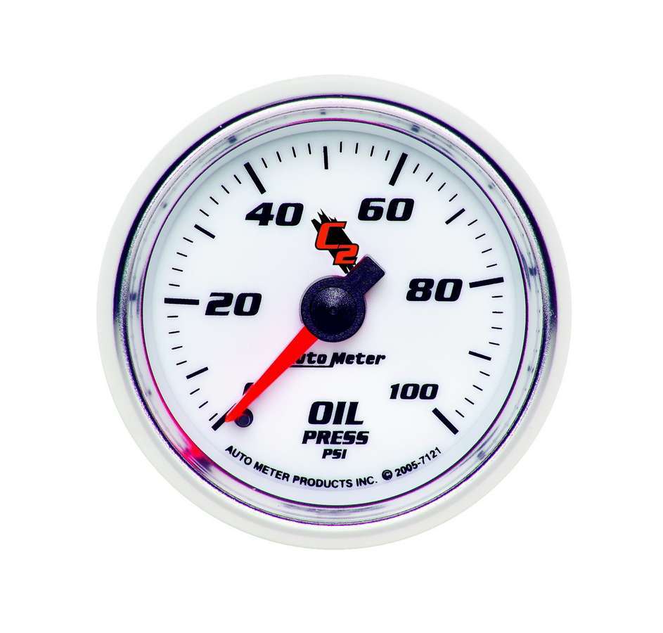Oil Pressure Gauge - C2 - 0-100 psi - Mechanical - Analog - Full Sweep - 2-1/16 in Diameter - White Face - Each