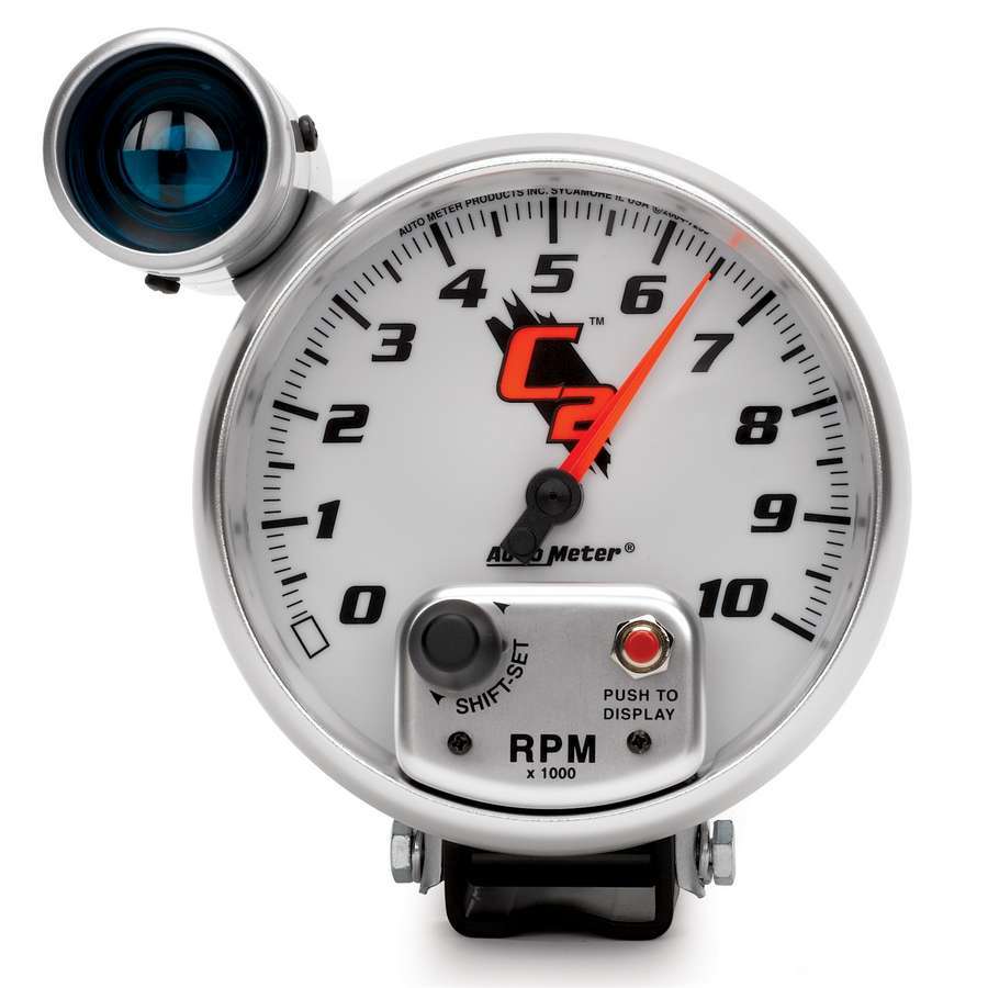 Tachometer - C2 - 10000 RPM - Electric - Analog - 5 in Diameter - Pedestal Mount - Shift Light - White Face - Each