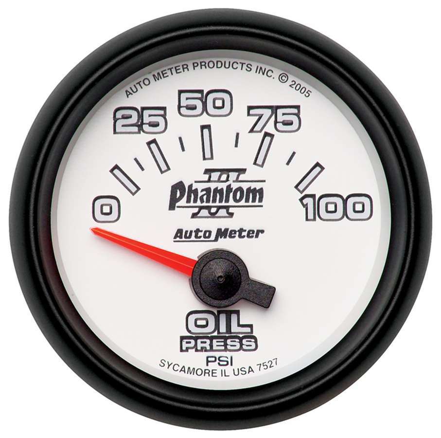 Oil Pressure Gauge - Phantom II - 0-100 psi - Electric - Analog - Short Sweep - 2-1/16 in Diameter - White Face - Each
