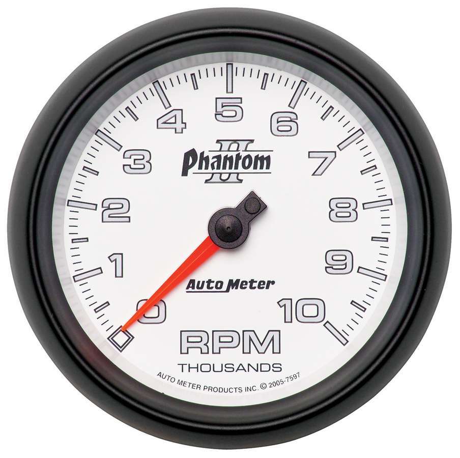 Tachometer - Phantom II - 10000 RPM - Electric - Analog - 3-3/8 in Diameter - Dash Mount - White Face - Each