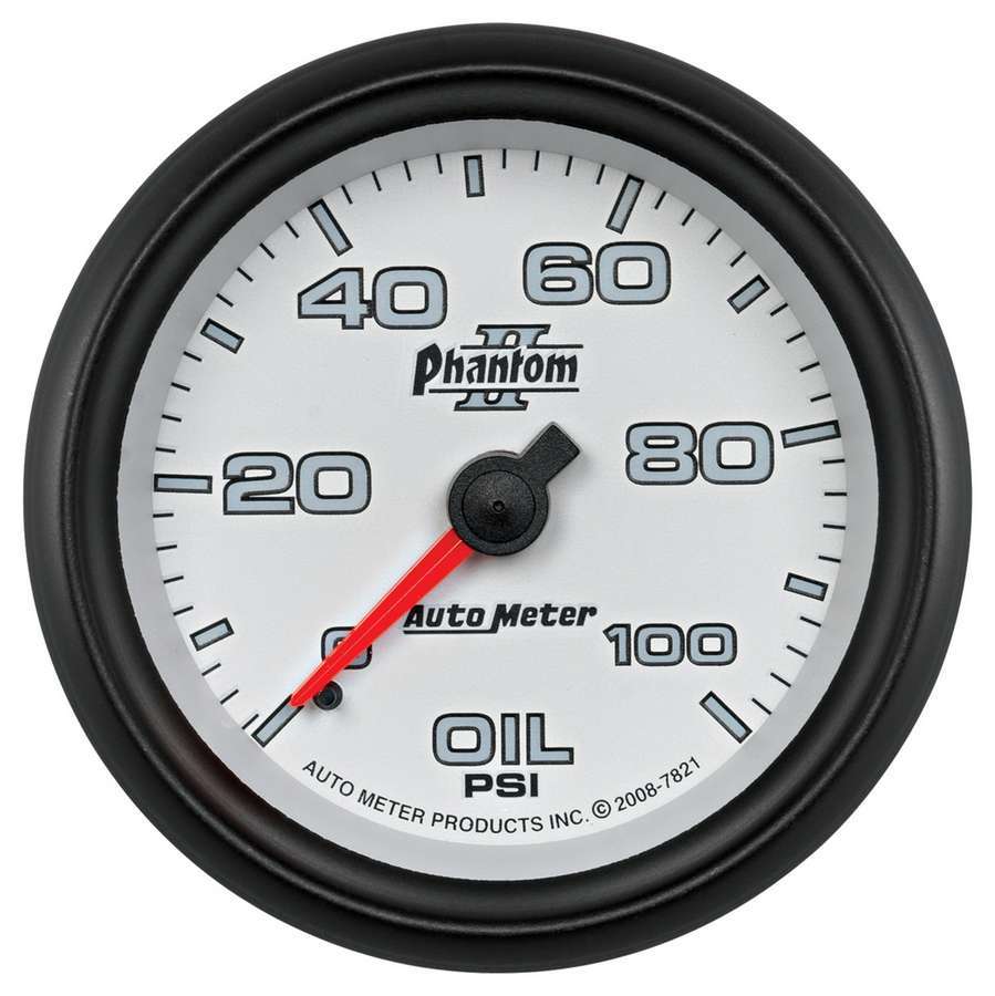 Oil Pressure Gauge - Phantom II - 0-100 psi - Mechanical - Analog - Full Sweep - 2-5/8 in Diameter - White Face - Each