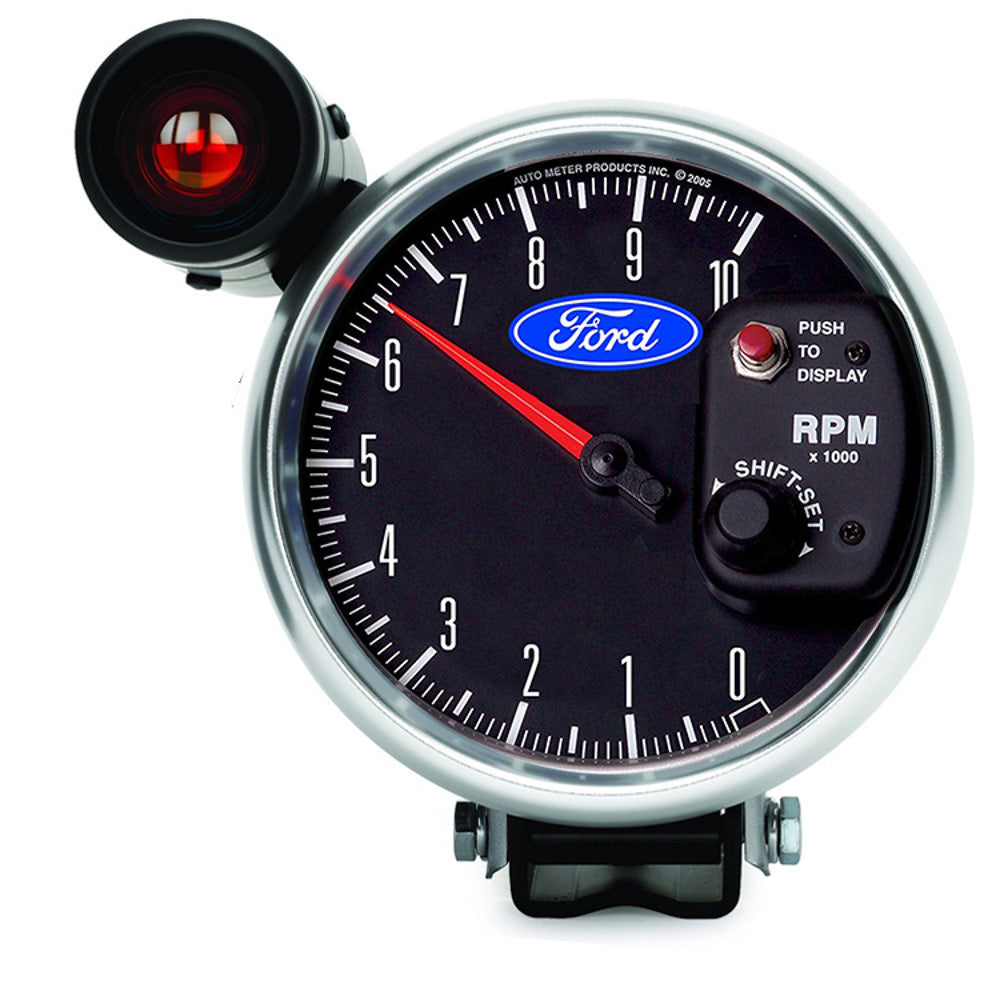 Tachometer - 10000 RPM - Electric - Analog - 5 in Diameter - Pedestal Mount - Shift Light - Memory - Ford Logo - Black Face - Each
