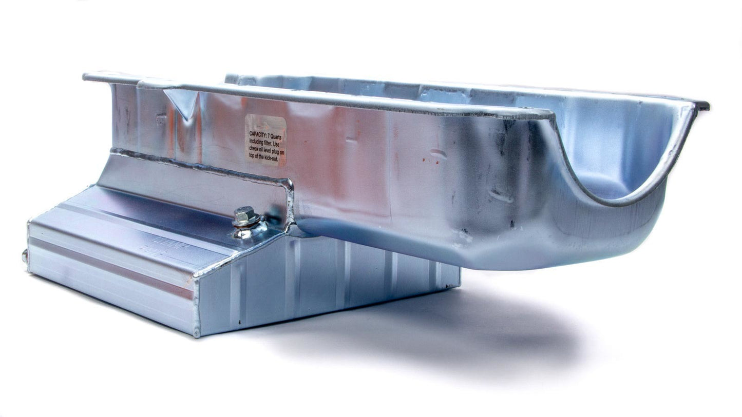 Engine Oil Pan - Claimer Pan - Rear Sump - 7 qt - 7 in Deep - Kick Out - Steel - Zinc Plated - 1-Piece Seal - Small Block Chevy - Each