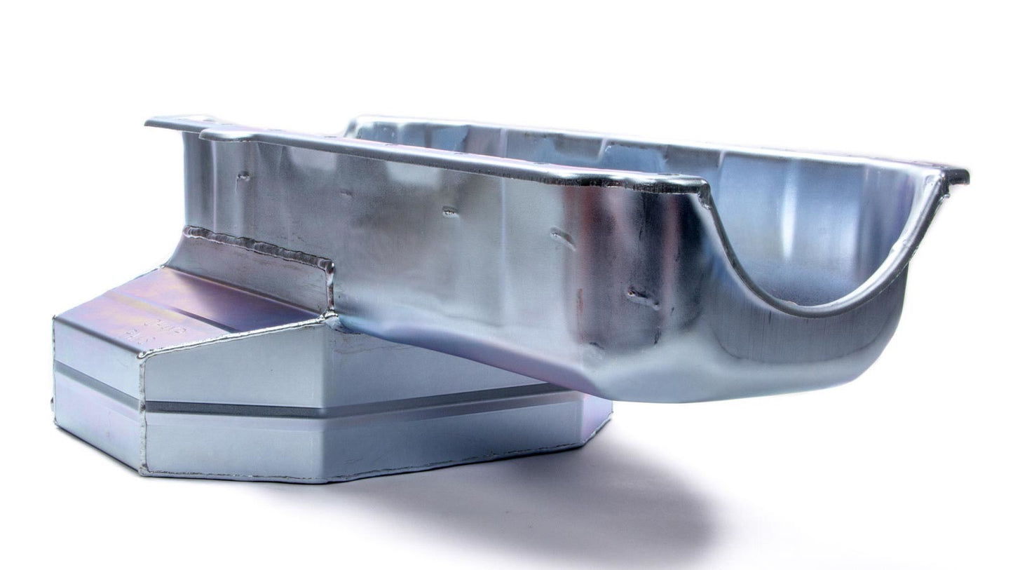 Engine Oil Pan - Road Race - Rear Sump - 8 qt - 8 in Deep - Steel - Zinc Plated - 2-Piece seal - Small Block Chevy - Each