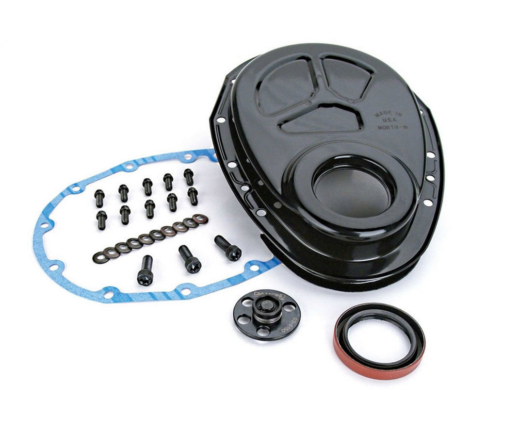 Timing Cover - 1-Piece - Gaskets / Hardware / Seal Included - Steel - Black Powder Coat - Small Block Chevy - Each