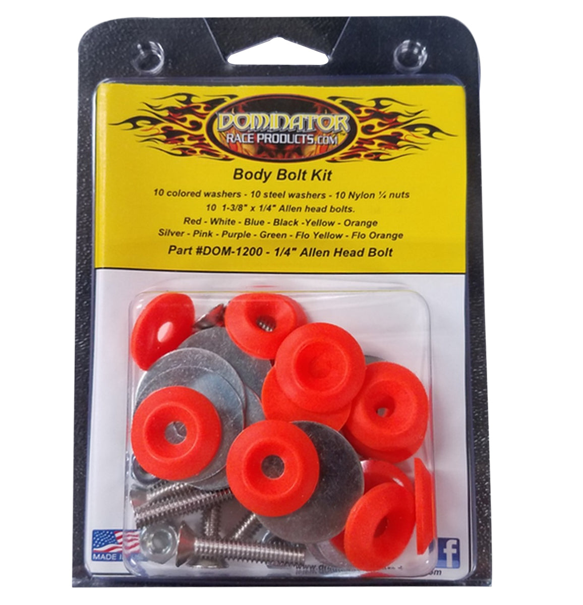 Countersunk Bolt Kit - 1/4-20 in Thread - 1.75 in Long - Allen Head - Countersunk Washers / Nuts - Plastic / Steel - Fluorescent Orange - Set of 10