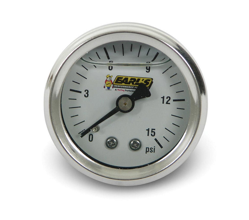 Pressure Gauge - 0-15 psi - Mechanical - Analog - 1-1/2 in Diameter - Liquid Filled - 1/8 in NPT Port - White Face - Each