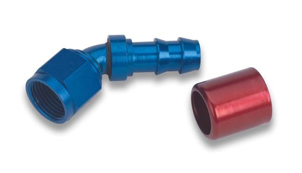 Fitting - Hose End - Super Stock - 45 Degree - 6 AN Hose Crimp to 6 AN Female - Aluminum - Blue / Red Anodized - Each